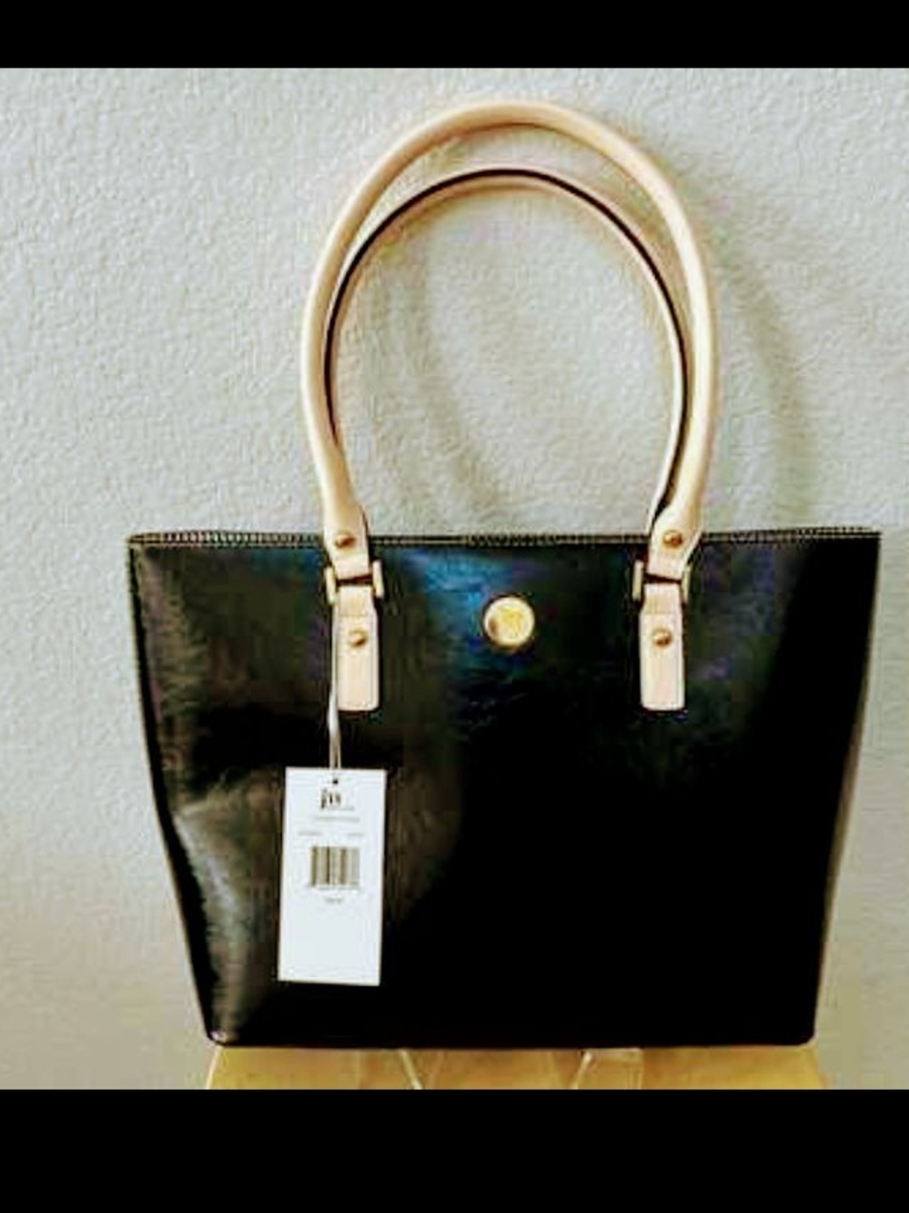 Authentic Jessica Moore/JM Collection Classic Black Tote with Cream Handles by